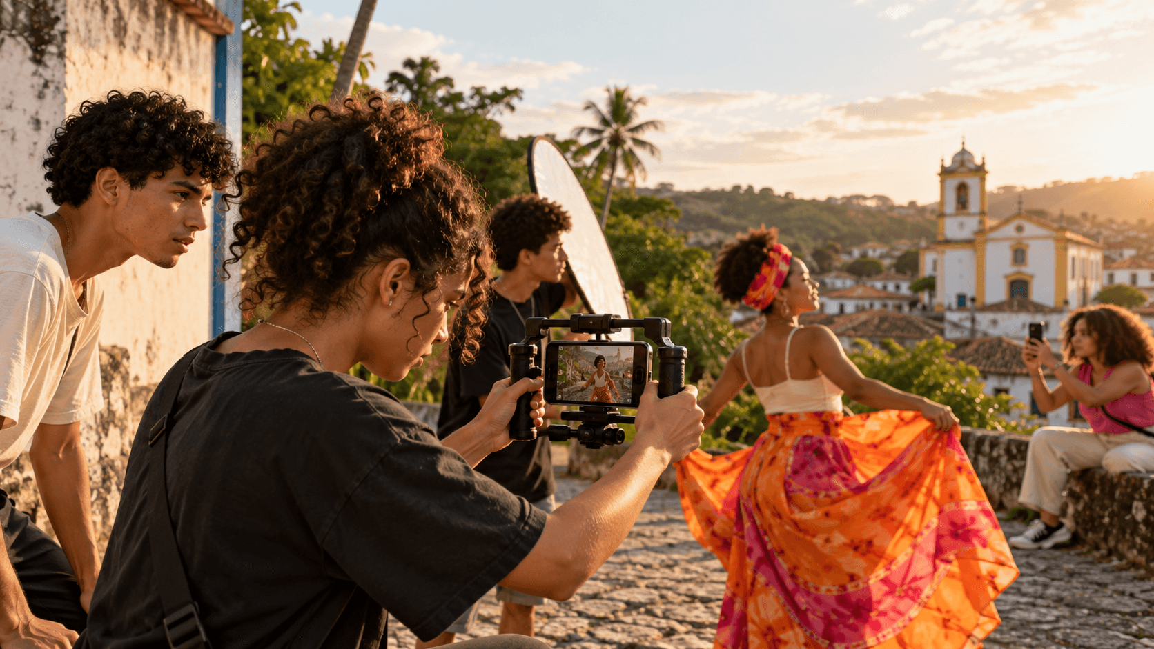 Jovens filmando uma cena cultural com celular